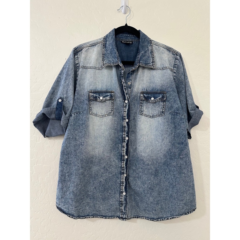 Fashion Web Women 2X Acid Wash Denim Snap Shirt Roll Tab Sleeve Western Country
